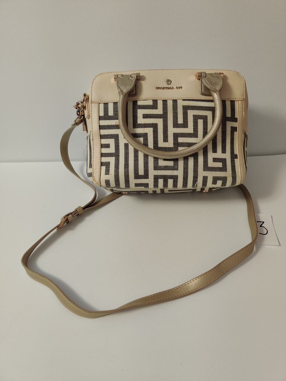 Spartina 449 Leather Linen Cream & Black Geometric Crossbody Satchel